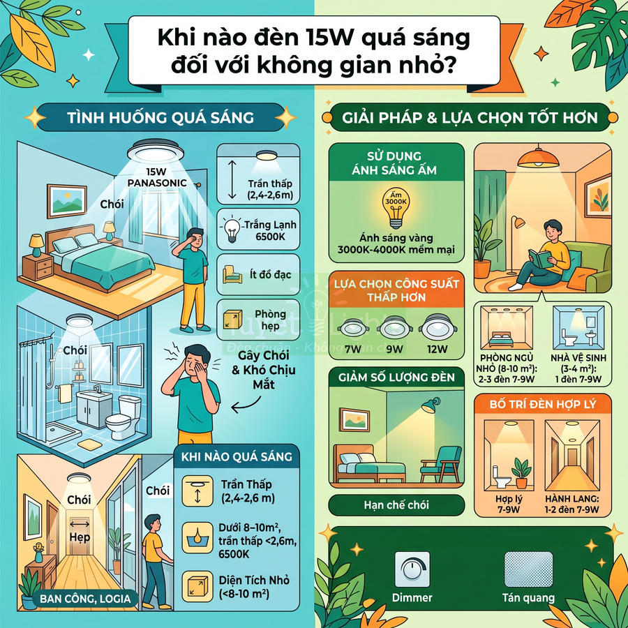 Infographic hướng dẫn chọn công suất đèn LED Panasonic cho phòng ngủ, phòng tắm và ban công diện tích nhỏ