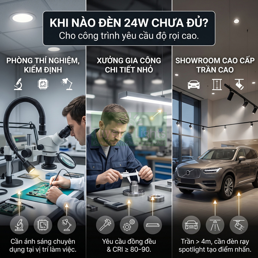 Ứng dụng đèn LED công suất cao cho phòng thí nghiệm, xưởng gia công chi tiết nhỏ và showroom ô tô trần cao