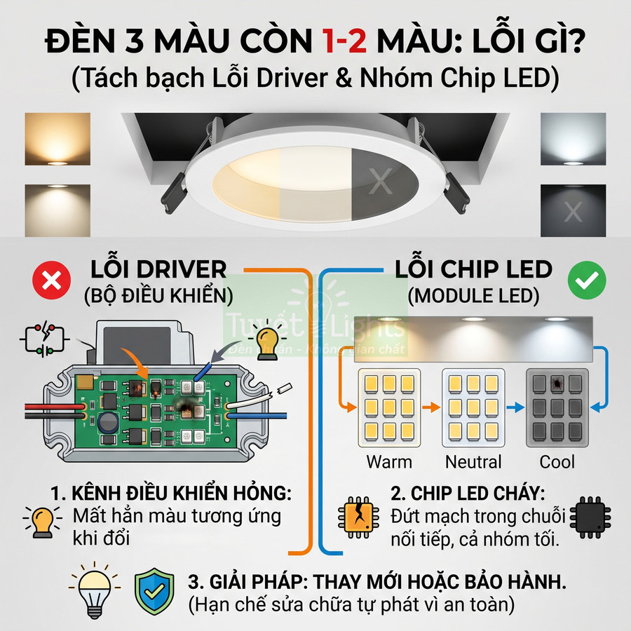 Đèn LED âm trần 3 màu và sơ đồ phân biệt lỗi driver, lỗi chip LED cùng hướng dẫn thay mới
