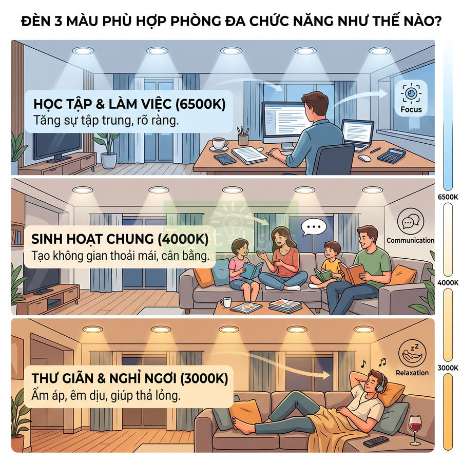 Đèn LED 3 màu cho phòng khách đa chức năng với các chế độ học tập, sinh hoạt chung và thư giãn