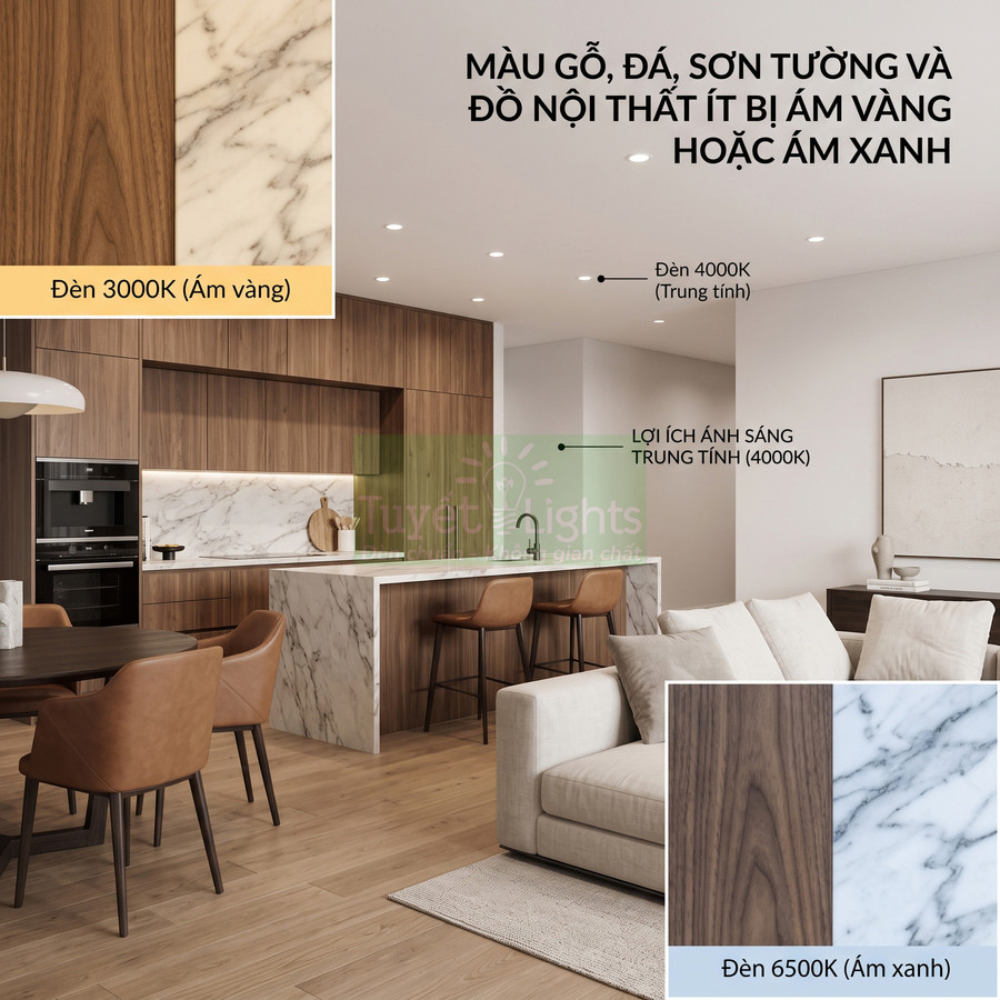Phòng bếp hiện đại gỗ và đá cẩm thạch sử dụng đèn LED 3000K 4000K 6500K so sánh ánh sáng ấm và trung tính