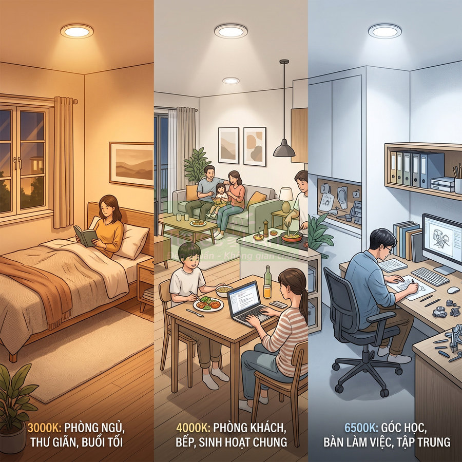Đèn LED âm trần 3000K 4000K 6500K cho phòng ngủ phòng khách bếp và góc học tập làm việc