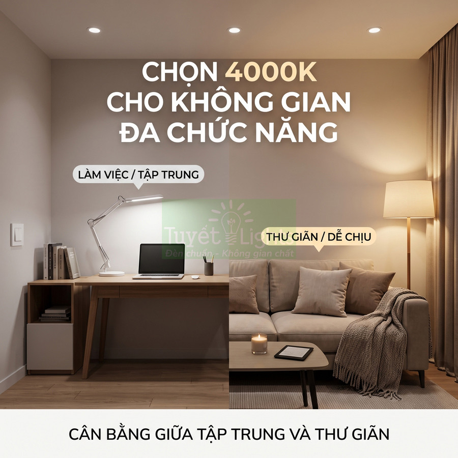 Phòng làm việc và phòng khách dùng đèn LED ánh sáng 4000K tạo không gian vừa tập trung vừa thư giãn