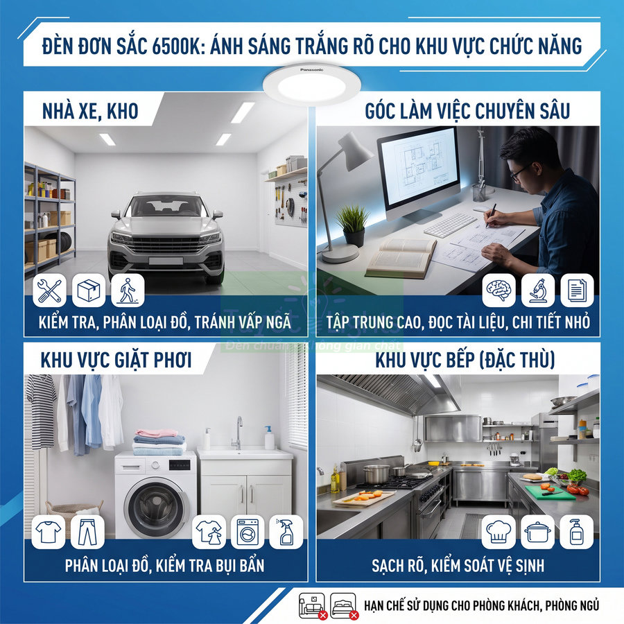Đèn LED Panasonic ánh sáng trắng 6500K chiếu sáng nhà xe, góc làm việc, khu vực giặt phơi và bếp chức năng