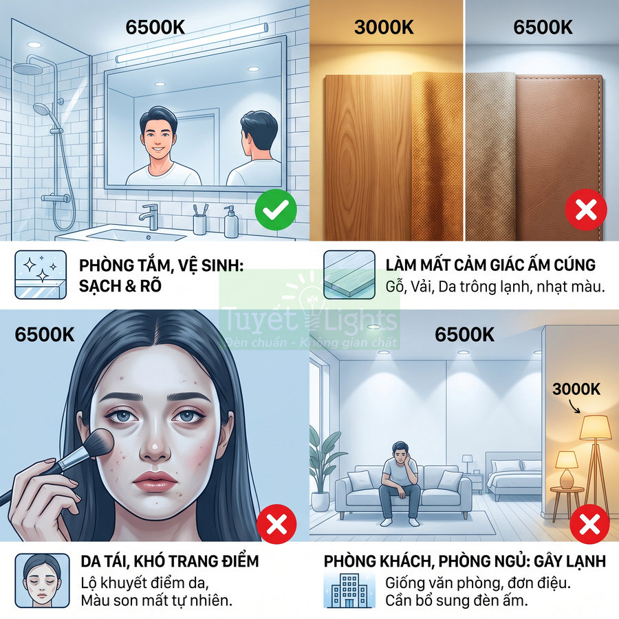 Minh họa so sánh ánh sáng 6500K và 3000K cho phòng tắm, phòng khách, da mặt và chất liệu nội thất