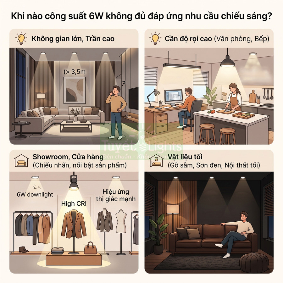 Minh họa các không gian nội thất dùng đèn downlight 6W và lý do công suất 6W không đủ chiếu sáng
