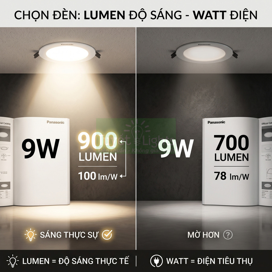 So sánh đèn LED âm trần Panasonic 9W sáng 900 lumen và 9W sáng 700 lumen, nhấn mạnh chọn theo lumen