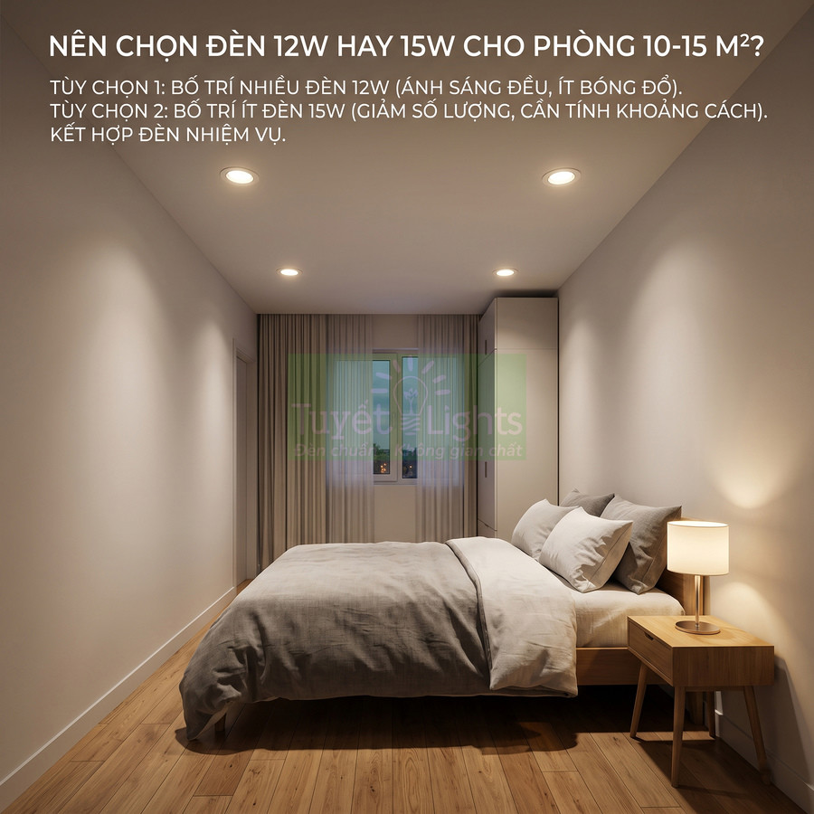 Phòng ngủ 10 15 m2 lắp nhiều đèn âm trần LED 12W ánh sáng vàng và đèn bàn ngủ tạo không gian ấm áp