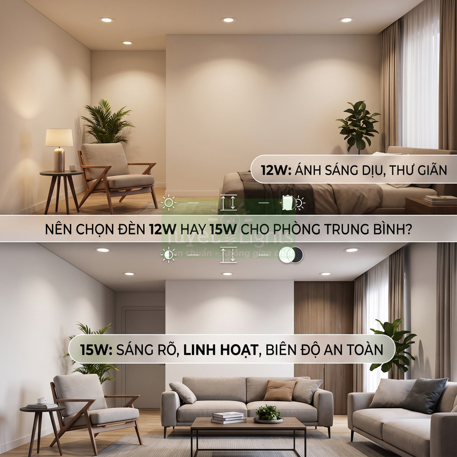 So sánh ánh sáng đèn LED âm trần 12W và 15W trong phòng khách hiện đại, nội thất sofa và ghế gỗ