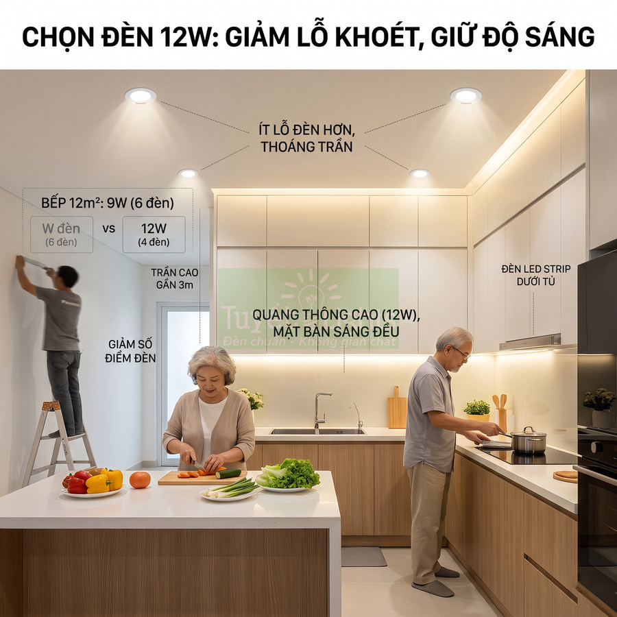 Đèn led âm trần 12W chiếu sáng bếp hiện đại, trần cao thoáng, kết hợp đèn led strip dưới tủ bếp
