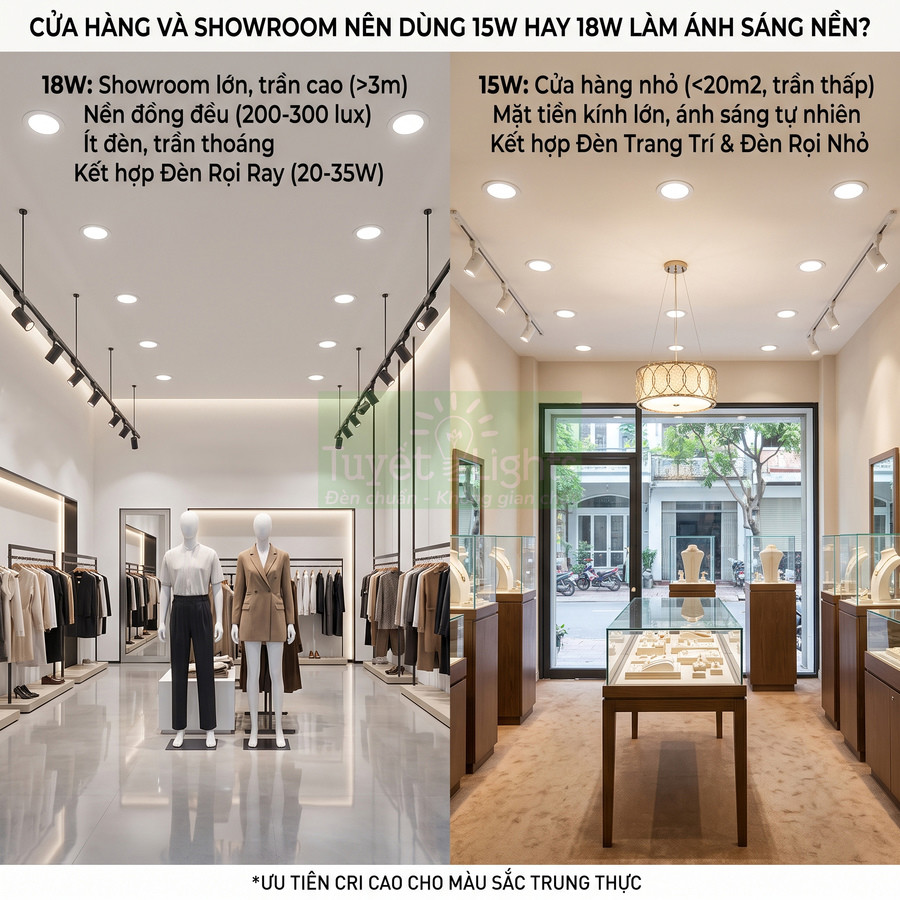 Đèn LED âm trần 15W và 18W chiếu sáng showroom thời trang và cửa hàng trang sức hiện đại