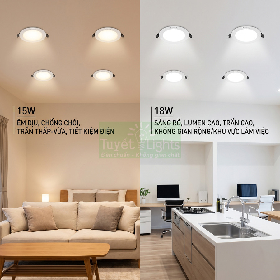 Đèn LED âm trần Panasonic 15W và 18W chiếu sáng phòng khách và bếp hiện đại