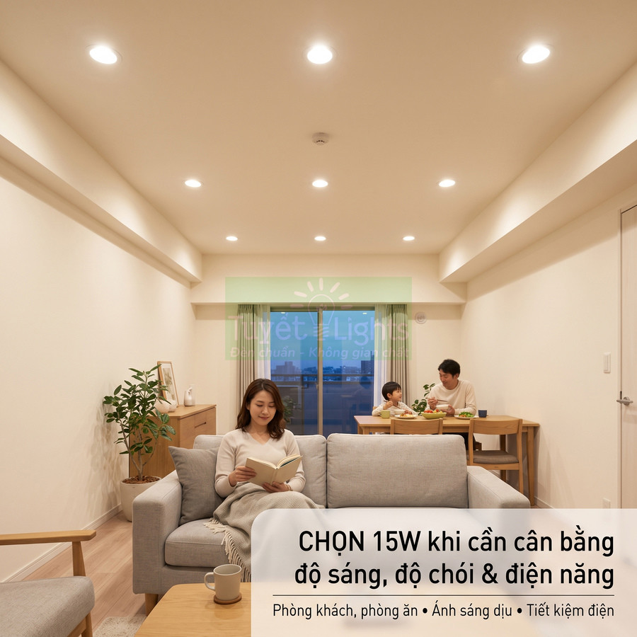 Đèn LED âm trần 15W ánh sáng vàng dịu chiếu sáng phòng khách và phòng ăn gia đình ấm cúng