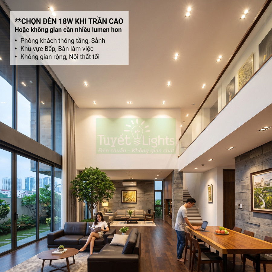 Đèn LED âm trần Tuyết Lights chiếu sáng phòng khách trần cao hiện đại, không gian rộng và sang trọng