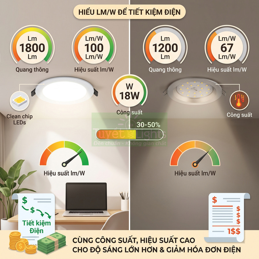 So sánh đèn LED âm trần Tuyết Light hiệu suất cao tiết kiệm điện với đèn LED thường cùng công suất 18W