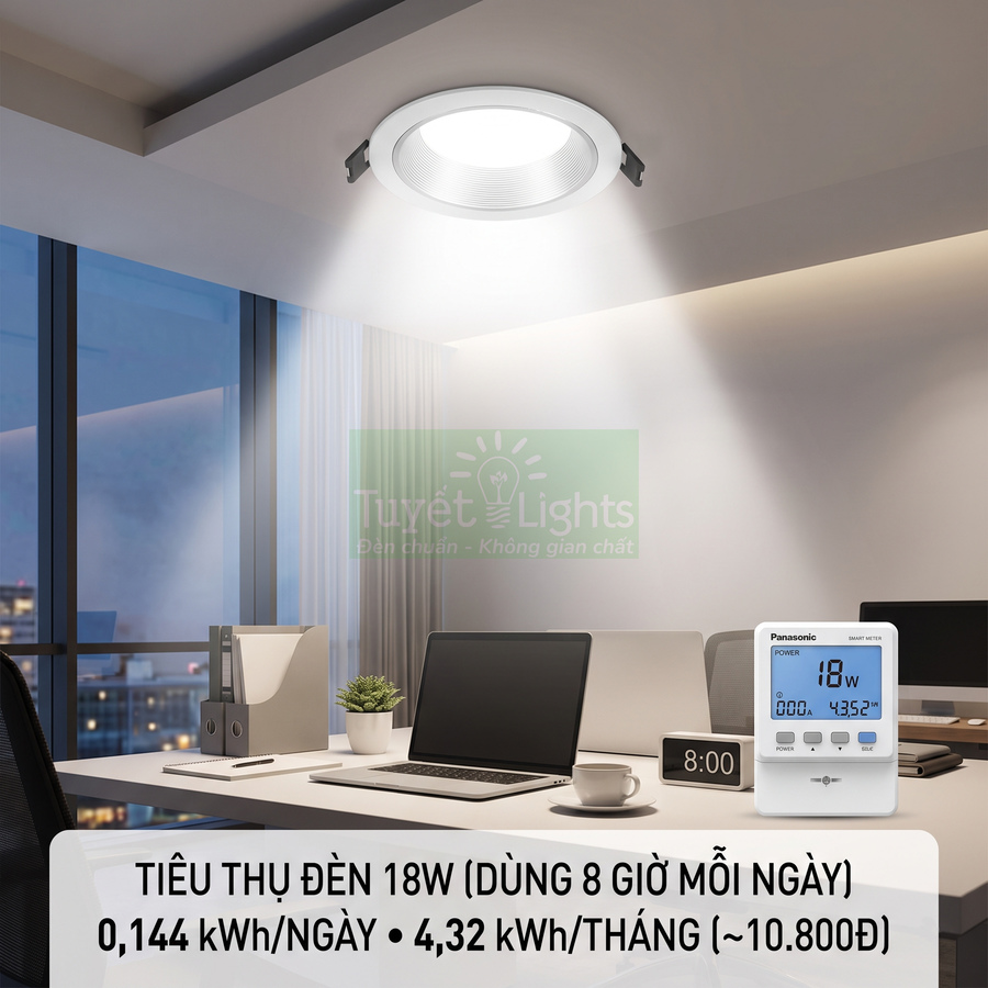 Đèn LED âm trần 18W chiếu sáng bàn làm việc hiện đại, hiển thị mức tiêu thụ điện trên đồng hồ Panasonic