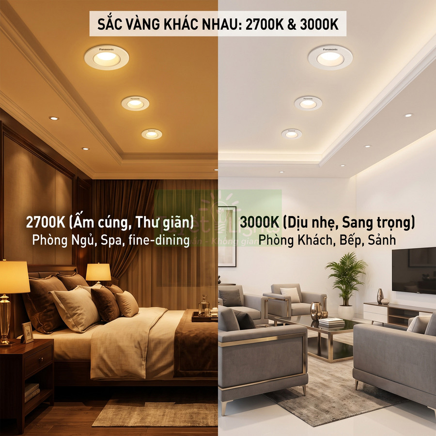 Đèn downlight Panasonic ánh sáng vàng 2700K cho phòng ngủ và 3000K cho phòng khách, bếp, sảnh