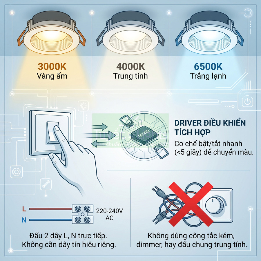 Đèn downlight LED đổi màu 3000K 4000K 6500K điều khiển bằng công tắc, driver tích hợp, đấu nối trực tiếp 220V