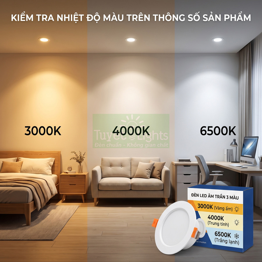 Đèn LED âm trần 3 màu 3000K 4000K 6500K chiếu sáng phòng ngủ phòng khách phòng làm việc