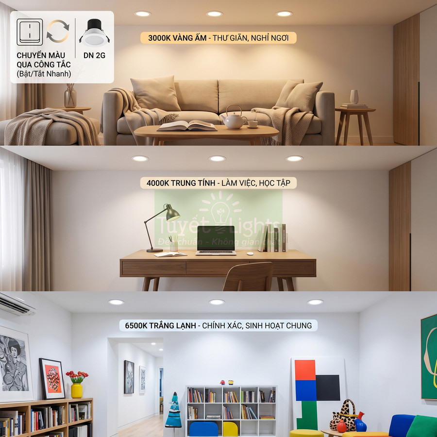 Đèn downlight DN 2G đổi màu 3000K 4000K 6500K cho phòng khách, bàn làm việc và phòng sinh hoạt