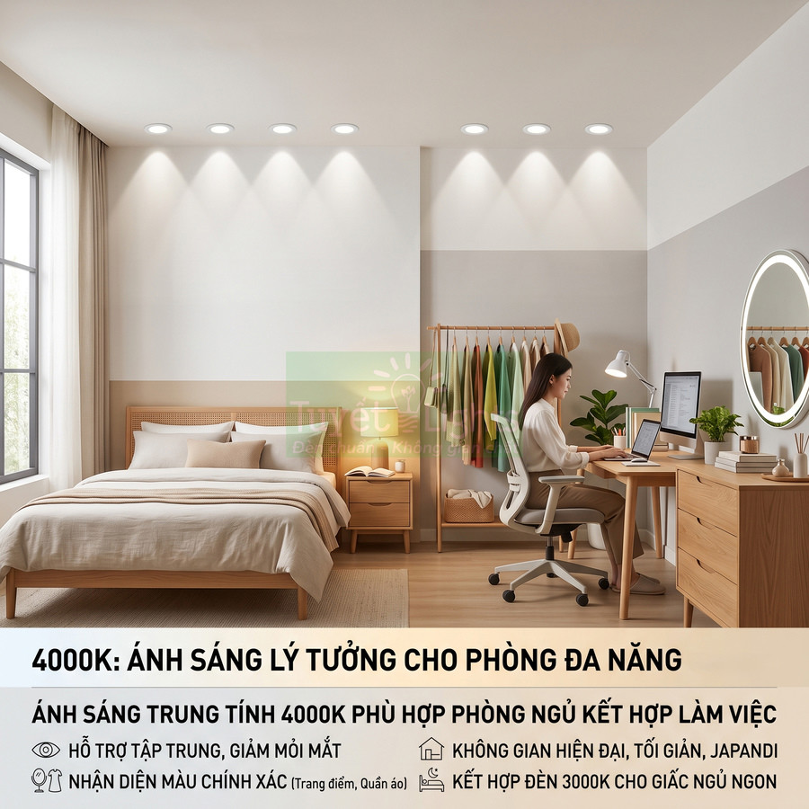 Đèn LED âm trần ánh sáng trung tính 4000K cho phòng ngủ kết hợp làm việc nội thất gỗ hiện đại