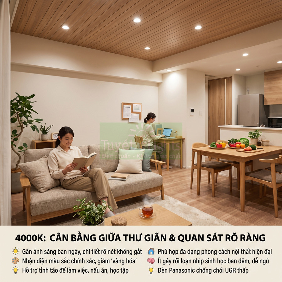 Đèn LED âm trần Panasonic ánh sáng 4000K chiếu sáng phòng khách và bếp nội thất gỗ hiện đại
