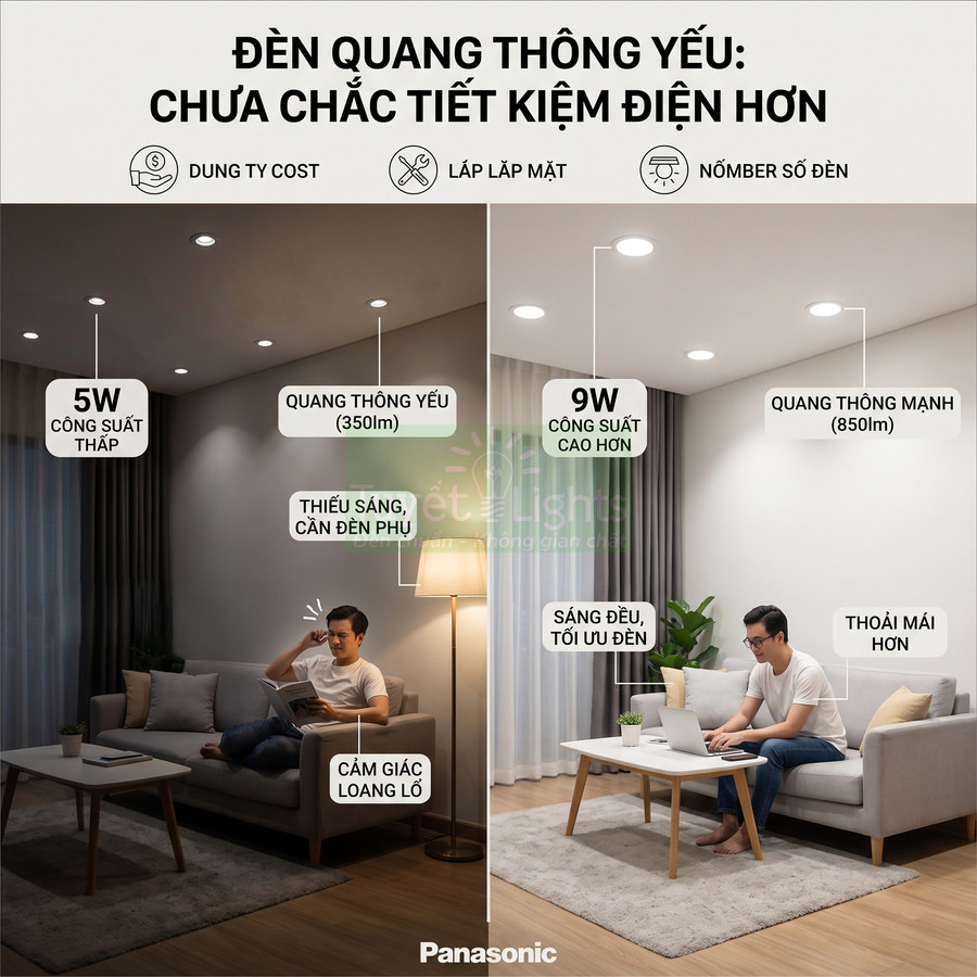 So sánh đèn LED âm trần Panasonic 5W và 9W trong phòng khách, thể hiện độ sáng và sự thoải mái khác nhau