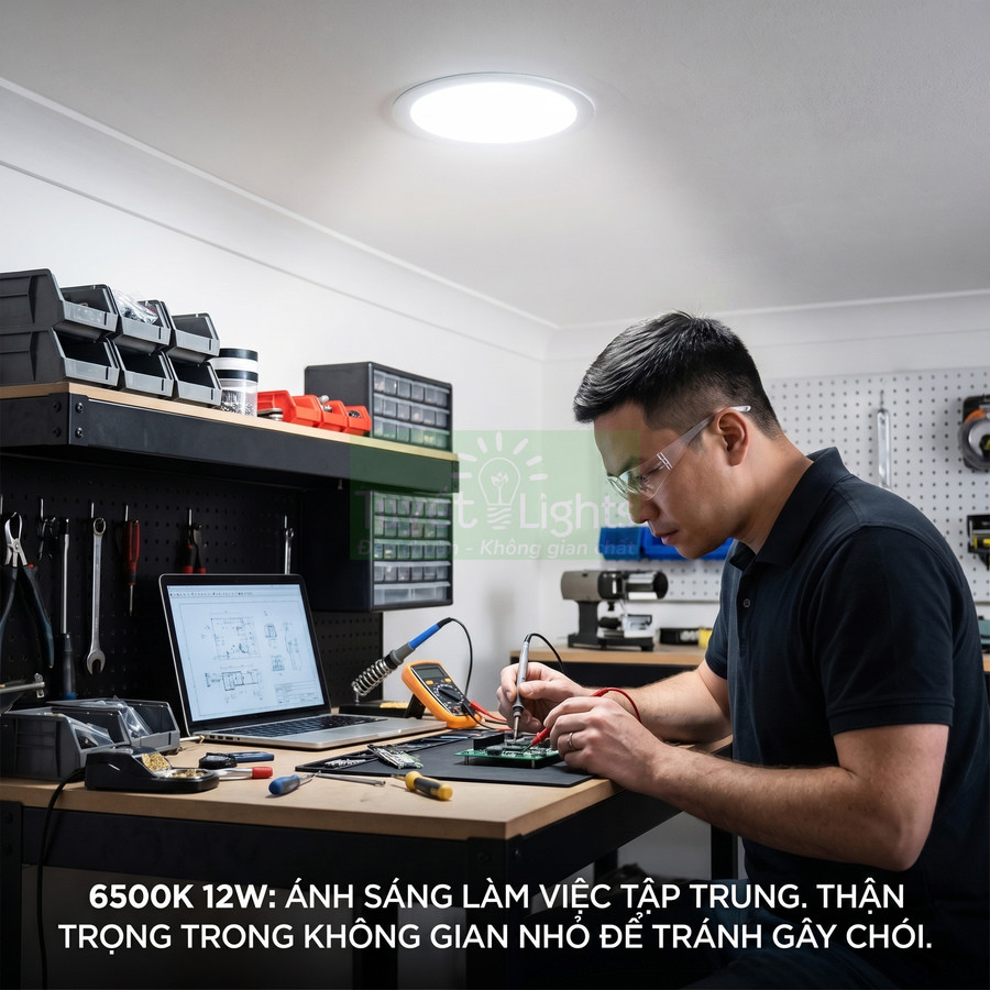Đèn LED âm trần 6500K 12W chiếu sáng bàn làm việc kỹ thuật điện tử trong phòng làm việc nhỏ