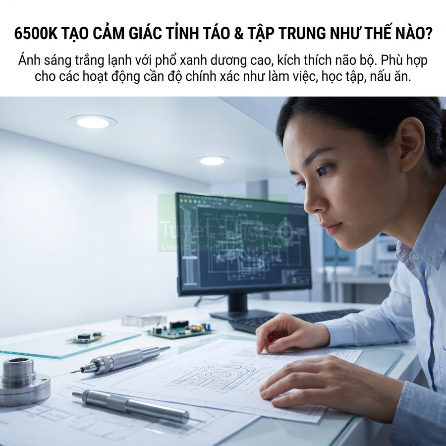 Đèn LED âm trần ánh sáng trắng 6500K chiếu sáng bàn làm việc kỹ sư thiết kế bản vẽ kỹ thuật