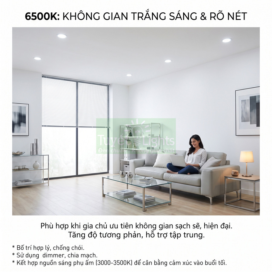 Phòng khách hiện đại dùng đèn LED âm trần 6500K tạo ánh sáng trắng sáng rõ nét