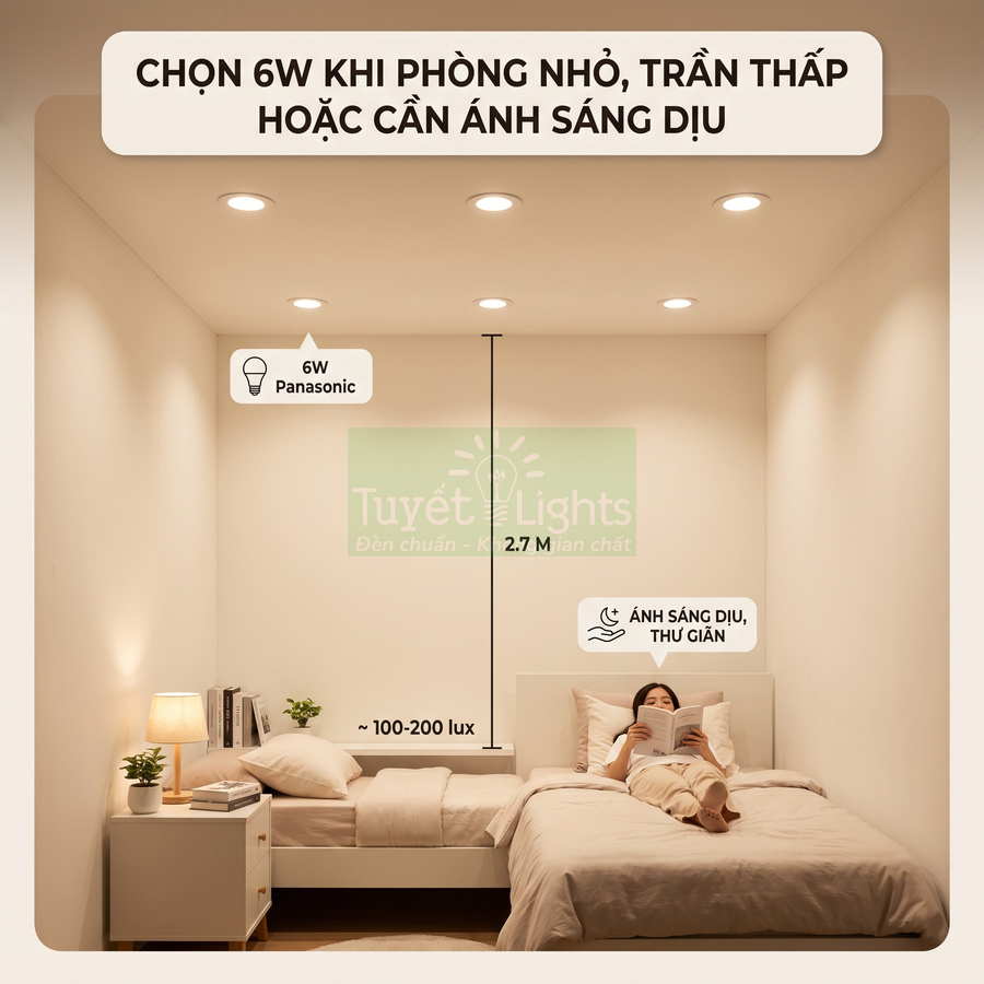 Phòng ngủ nhỏ dùng đèn âm trần Panasonic 6W ánh sáng dịu, phù hợp trần thấp và không gian thư giãn