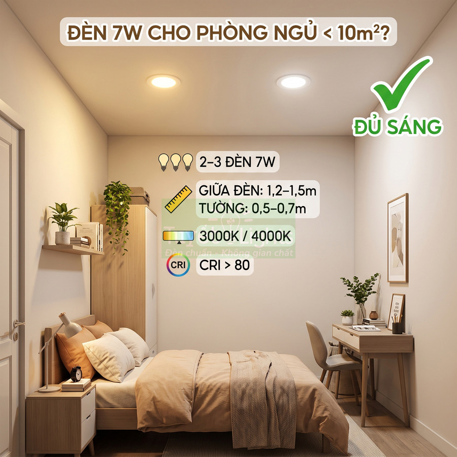 Đèn LED âm trần 7W chiếu sáng phòng ngủ nhỏ dưới 10m2 với ánh sáng 3000K 4000K CRI cao
