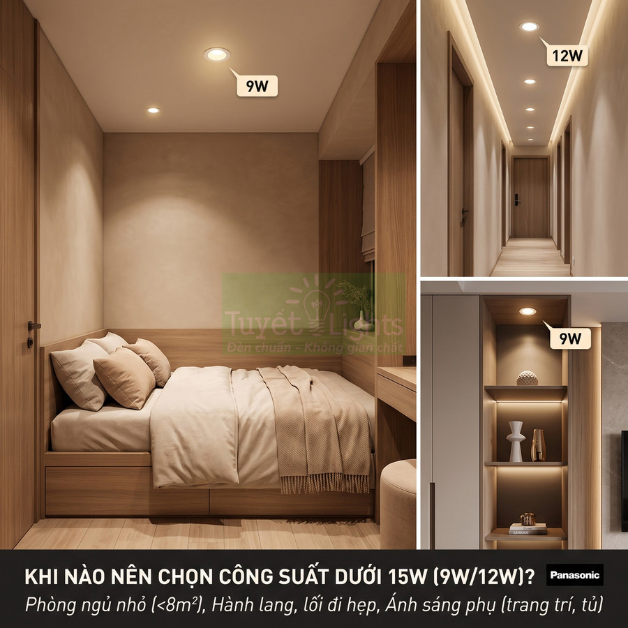 Đèn downlight Panasonic 9W 12W chiếu sáng phòng ngủ nhỏ, hành lang và kệ tủ gỗ hiện đại
