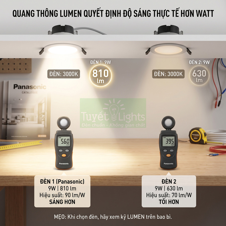 So sánh độ sáng hai đèn LED âm trần Panasonic 9W 3000K với thông số lumen và lux trên bàn làm việc