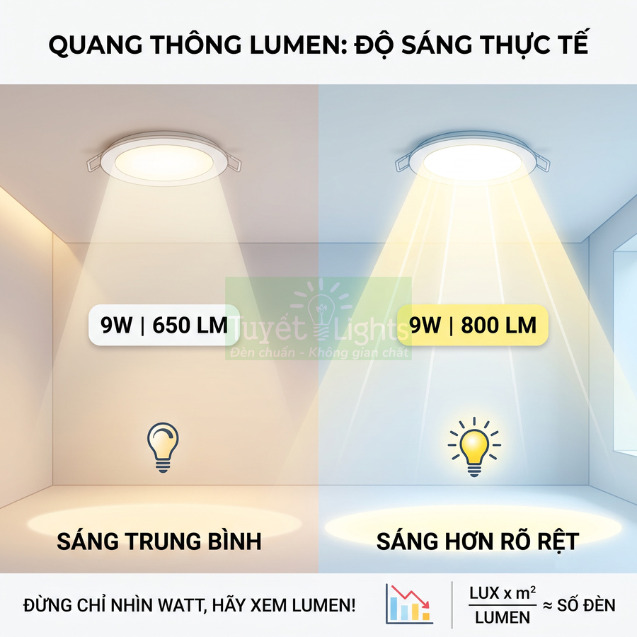 Đèn âm trần LED 9W so sánh độ sáng 650 lumen và 800 lumen trong hai không gian phòng