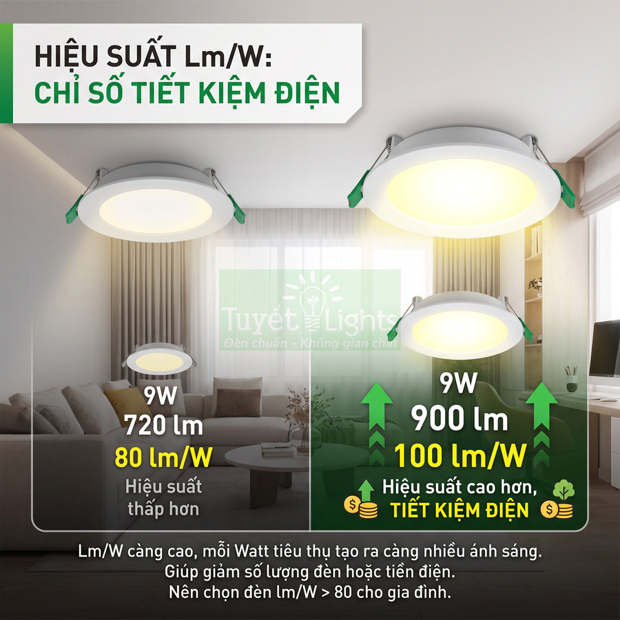 Đèn LED âm trần Tuyết Lights 9W hiệu suất cao tiết kiệm điện cho phòng khách hiện đại
