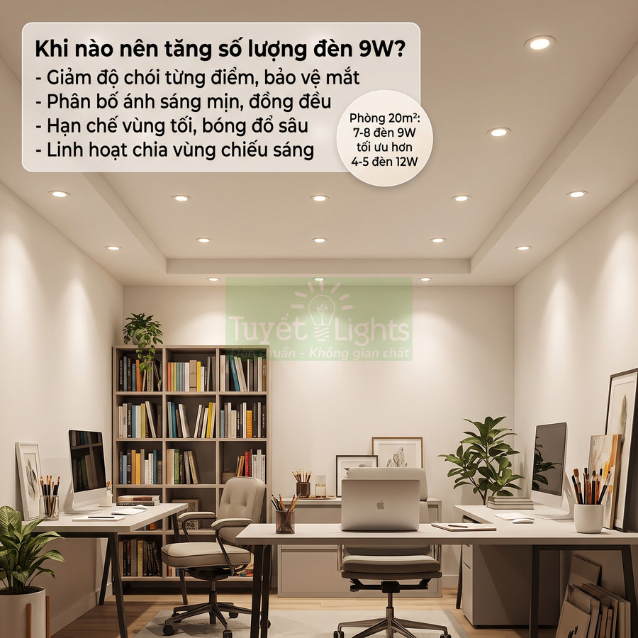 Văn phòng hiện đại dùng nhiều đèn âm trần LED 9W Tuyết Lights chiếu sáng đều, bảo vệ mắt