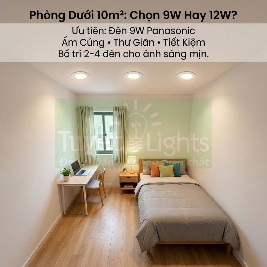 Phòng ngủ nhỏ dưới 10m2 dùng 3 đèn LED âm trần 9W Panasonic cho ánh sáng ấm và tiết kiệm