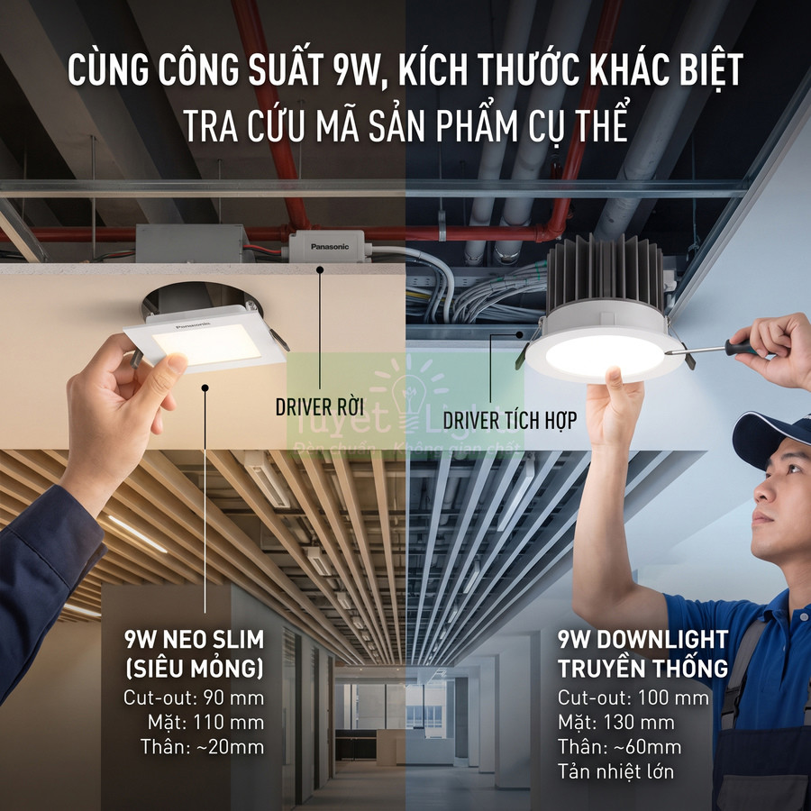 So sánh đèn âm trần Panasonic 9W Neo Slim siêu mỏng driver rời và đèn downlight 9W truyền thống driver tích hợp