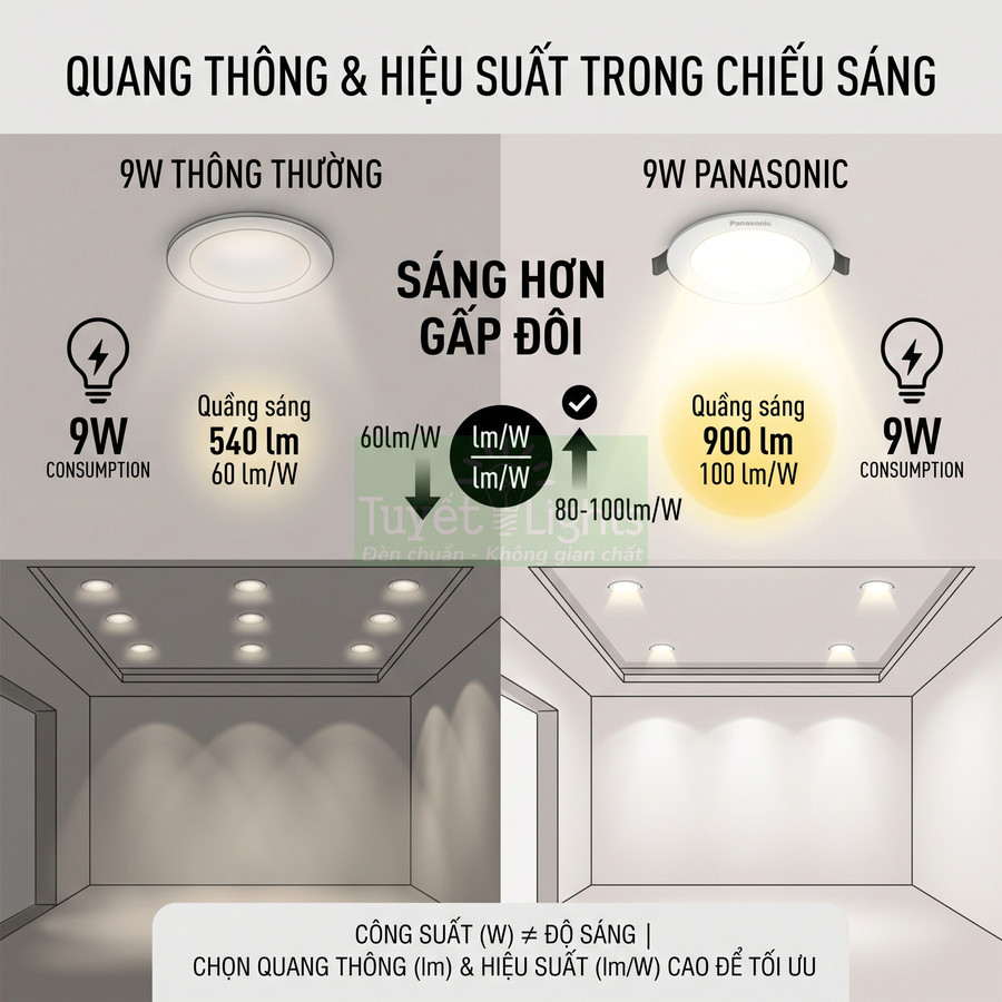 So sánh đèn âm trần 9W Panasonic quang thông 900 lm với đèn 9W thường 540 lm trong hai không gian phòng
