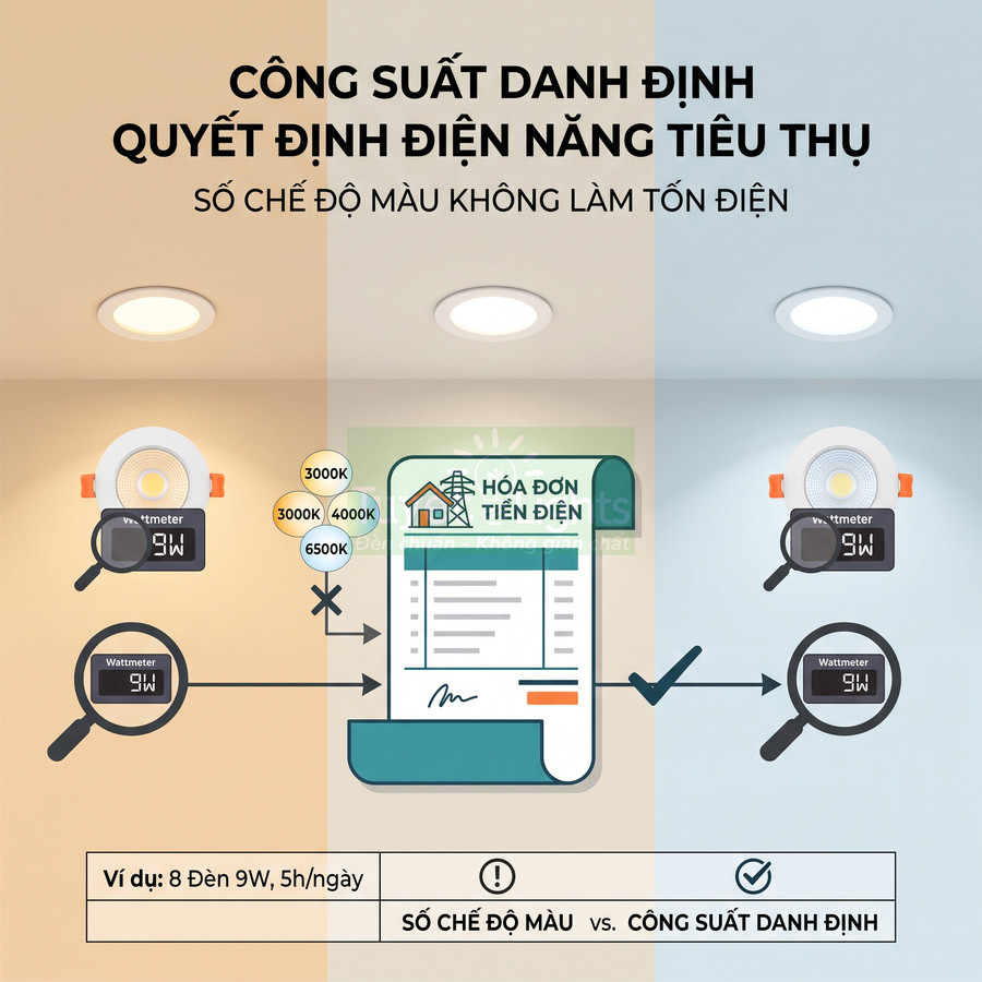 Đèn LED âm trần 9W nhiều chế độ màu, minh họa công suất danh định quyết định điện năng tiêu thụ