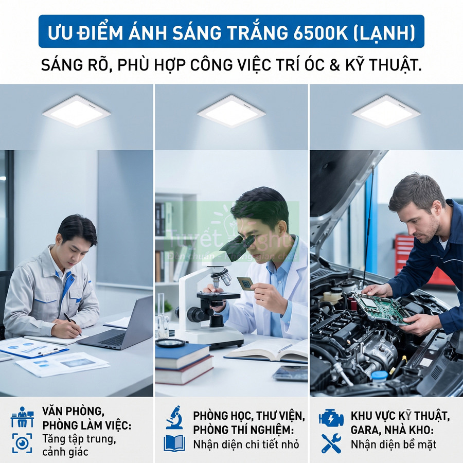 Đèn LED âm trần ánh sáng trắng 6500K chiếu sáng rõ cho văn phòng, phòng thí nghiệm và khu vực kỹ thuật