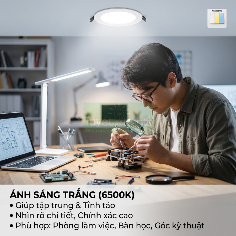 Đèn LED âm trần Panasonic ánh sáng trắng 6500K chiếu sáng bàn làm việc kỹ thuật viên điện tử
