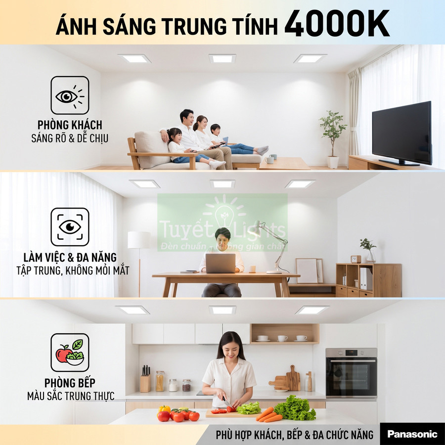 Đèn LED âm trần Panasonic ánh sáng trung tính 4000K cho phòng khách, phòng làm việc và phòng bếp