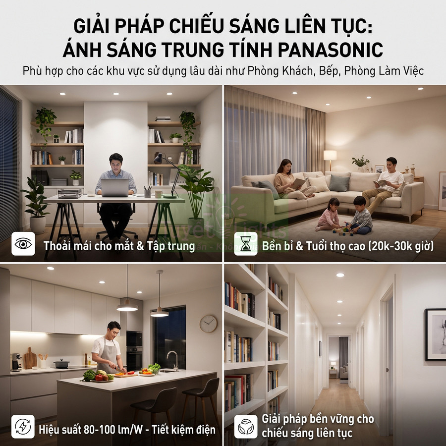 Giải pháp chiếu sáng trung tính Panasonic cho phòng khách, bếp, phòng làm việc, tiết kiệm điện và bền bỉ