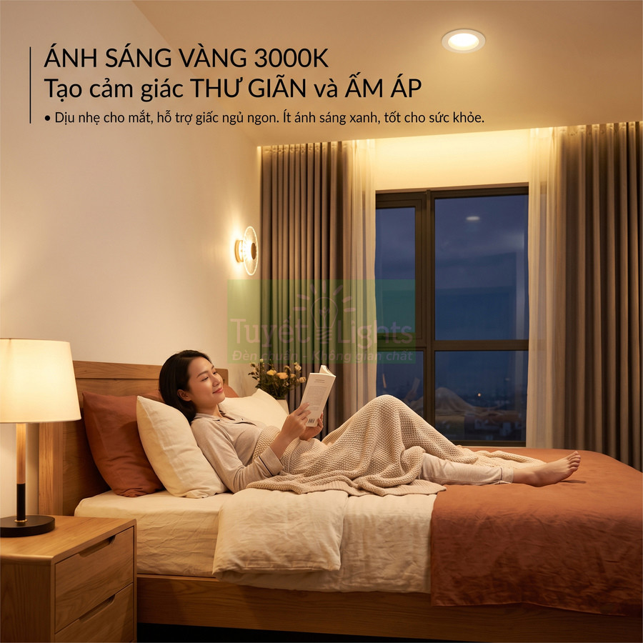 Đèn ngủ ánh sáng vàng 3000K tạo không gian phòng ngủ ấm áp thư giãn cho người dùng đọc sách trên giường