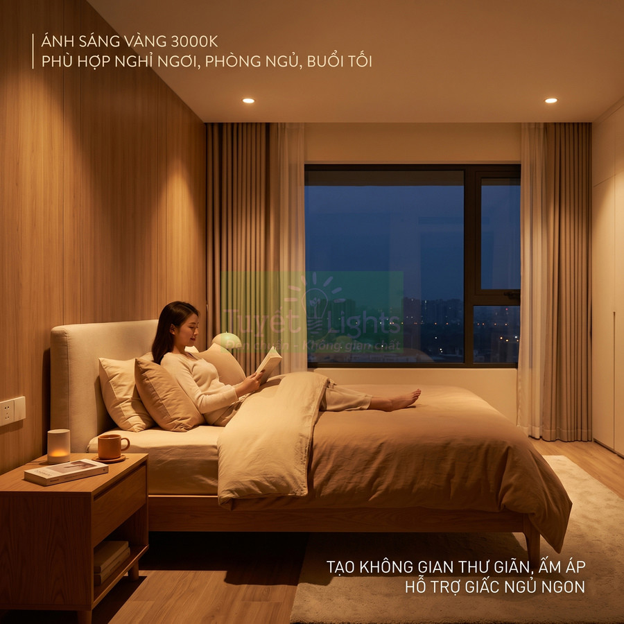 Đèn trần ánh sáng vàng 3000K chiếu phòng ngủ ấm áp, cô gái thư giãn đọc sách trên giường gỗ hiện đại