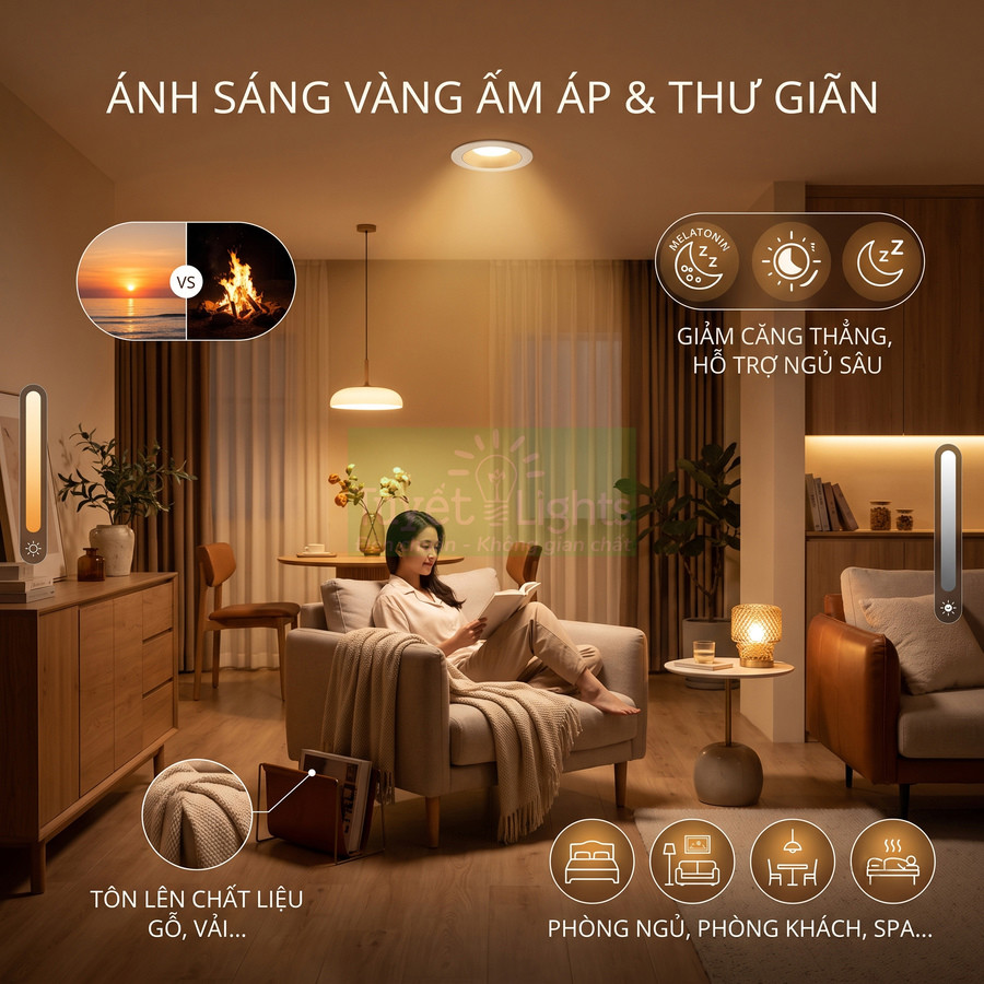 Đèn trần ánh sáng vàng ấm áp trong phòng khách hiện đại giúp thư giãn và tạo không gian ngủ dễ chịu