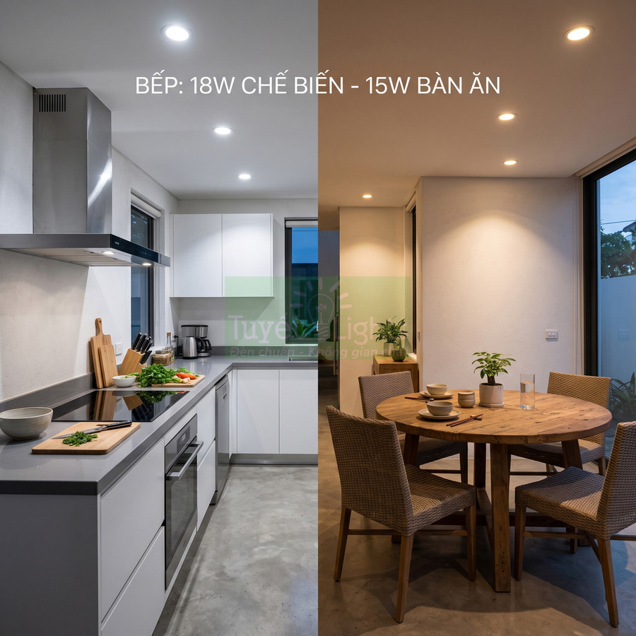 Đèn LED âm trần chiếu sáng phòng bếp và bàn ăn hiện đại với ánh sáng ấm áp