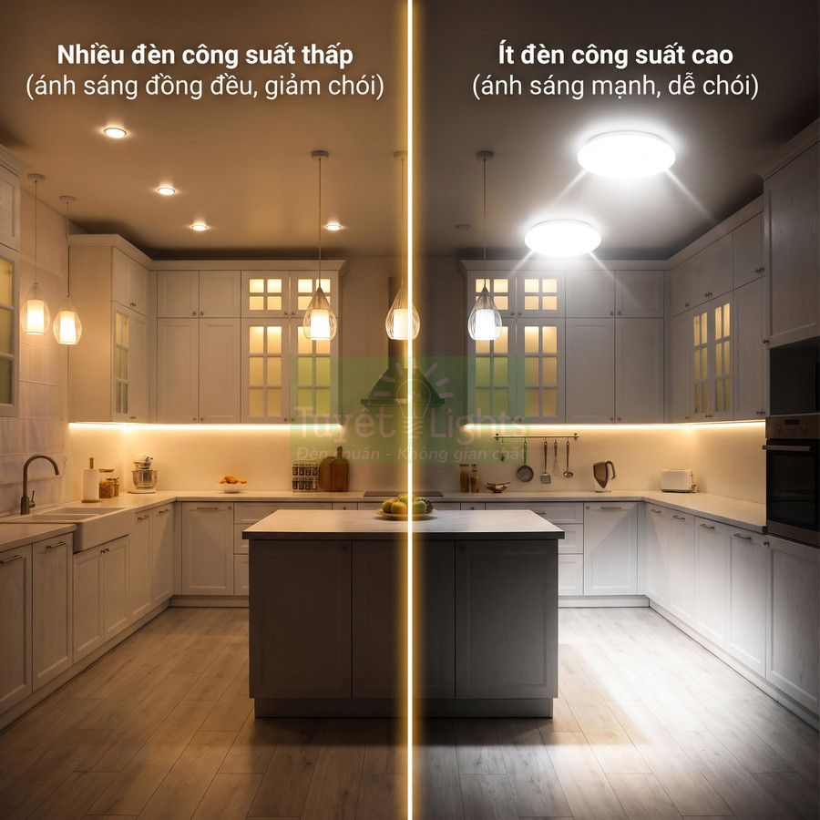 So sánh hệ thống đèn LED công suất thấp và đèn công suất cao trong phòng bếp hiện đại